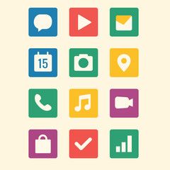 Set of flat colorful app icons with symbols for communication, music, maps, photos, and productivity. Modern vector illustration for UI, social media, and technology themes.