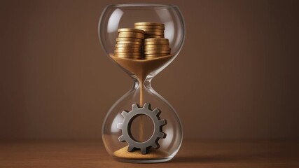 Hourglass with gold coin stack and gear symbolizing quality cost balance in business finance time money management productivity concepts - Powered by Adobe