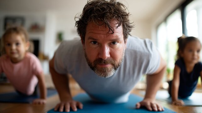 Man doing pushups with two children watching.