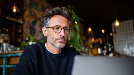 Man seated at cafe table using laptop.