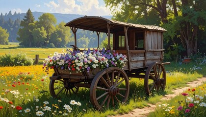 Rustic wooden cart overflowing with vibrant flowers on grassy path—canopy roof, meadow, and soft sunlight evoke charm, nostalgia, and serenity in minimalist countryside bloom composition.