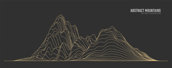 Contour mountain landscape. Waved line art. Abstract minimal topographic map. Contour lines with elevations and terrain depth. Vector illustration. © Igor