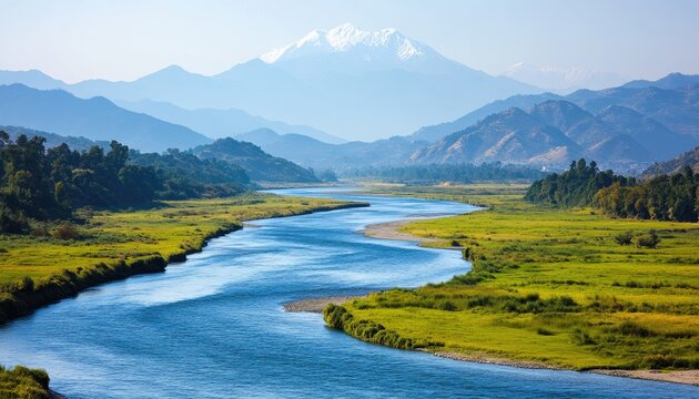 Serene river winding through verdant valley, snow-capped mountain in the distance