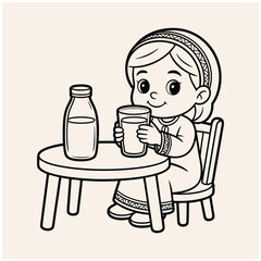 The line art illustration shows an Arab little girl sitting and happily drinking a glass of milk