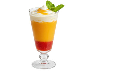 Layered fruit smoothie in glass isolated, refreshing drink with strawberry, mango, cream and mint for healthy eating and summer