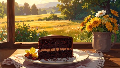 Slice of rich chocolate cake with glossy ganache, mint sprig, raspberry, and cocoa dust—dark plate and soft focus evoke indulgence, elegance, and warmth in minimalist dessert composition.