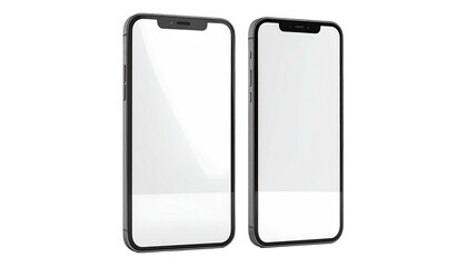 Two modern black smartphones with blank white screens on a dark background