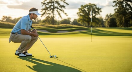 Golfer lining up a putt on a sunny green course.