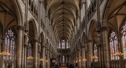 Fototapeta premium Grand Interior of a Historic European Cathedral with Gothic Architecture.