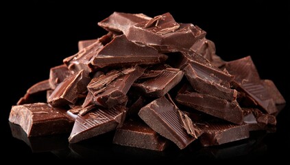 Pile of Dark Chocolate Chunks on Black Background.