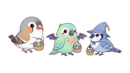 Whimsical Birds' Easter Basket: A trio of adorable birds, each with a unique charm, gather for the Easter holiday, carrying colorful eggs in woven baskets against a bright background.