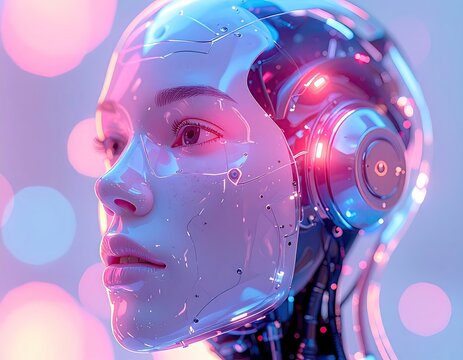 Sleek, futuristic female robot head with intricate wiring