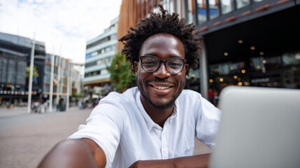 Obraz premium Man taking selfie in city street.
