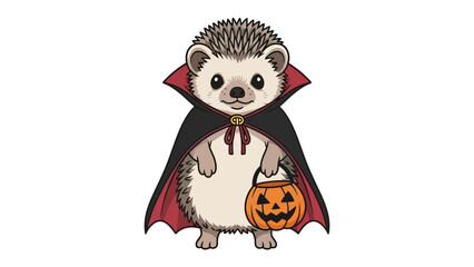 Halloween Hedgehog: A cute illustration featuring a hedgehog in a vampire cloak, holding a jack-o'-lantern, ready for trick-or-treating and Halloween fun.