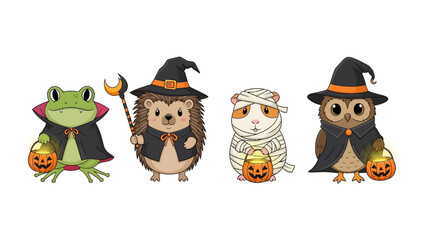 Halloween Animals Gathering: Adorable creatures gather in charming costumes to celebrate the spooky season, each with their own unique flair and festive spirit.