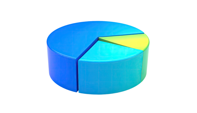 A 3D pie chart showing three colored segments, isolated on black