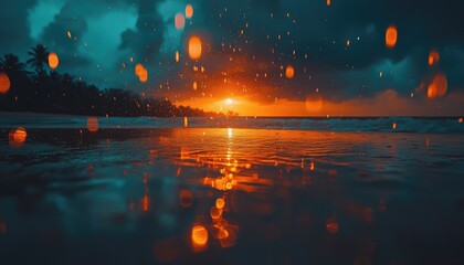 Sun sets over tropical beach, bokeh effect