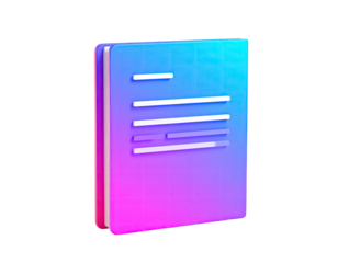 A 3D-rendered book with text, in a gradient of vibrant pink, purple, and blue hues
