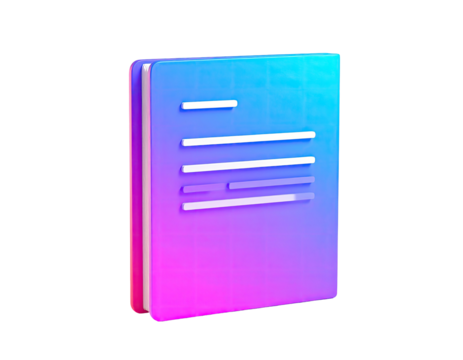 A 3D-rendered book with text, in a gradient of vibrant pink, purple, and blue hues