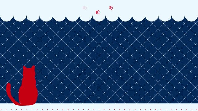 格子柄の背景にしっぽと耳を揺らす猫と足跡が彩るキュートな背景イラストビデオ　ループ可