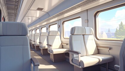 Modern train interior with light gray seats and large windows—sunlit rural view and clean design evoke comfort, motion, and quiet reflection in minimalist travel sanctuary composition.