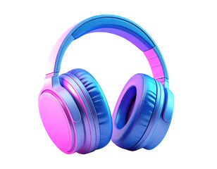 Sleek, over-ear headphones, illuminated by vibrant neon pink and blue light