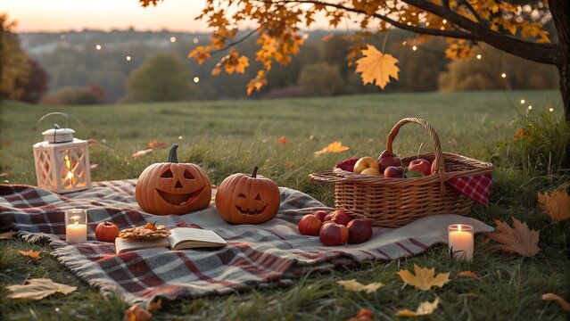 Cozy autumn evening picnic with carved pumpkins lanterns and a basket of apples under a tree with falling leaves