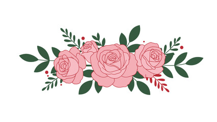 Horizontal Pink Roses Floral Arrangement Vector with Green Leaves & Red Berries