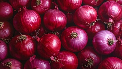 Close-up of glossy red onions with visible roots and stems—tight arrangement and rich purplish hues evoke texture, freshness, and organic vibrancy in minimalist produce cluster composition.
