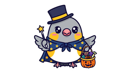 Enchanting Bird with Halloween Magic: A captivating cartoon bird is a cute wizard, dressed in a midnight blue cape and hat, waving a shining wand and carrying a Halloween basket filled with treats.