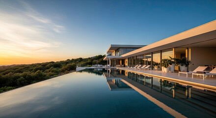 Fototapeta premium Luxury Modern Villa with Infinity Pool at Sunset.