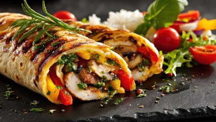 Delicious Chicken Wraps with Fresh Vegetables and Rice.