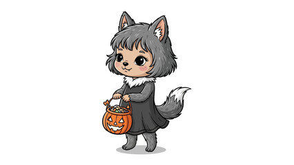 Halloween Costume: A cute illustration shows a little girl dressed in a wolf costume with a pumpkin basket, the perfect symbol for a spooky celebration. 