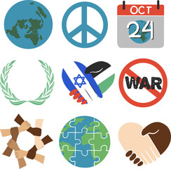 United Nations Day Flat Style Vector Set. Globe, Peace, Hands, Olive Branch, Love and International Unity Elements. World Cooperation and Peace Awareness Illustration Isolated on White Background
