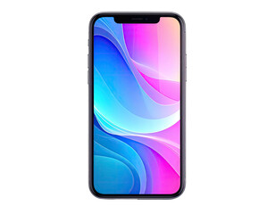 Smartphone with abstract, flowing design display, isolated on a solid black background