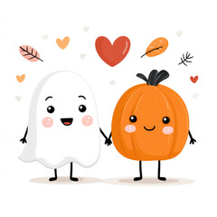 Obraz premium Cute halloween characters: smiling ghost and pumpkin duo with leaves and hearts for seasonal decor