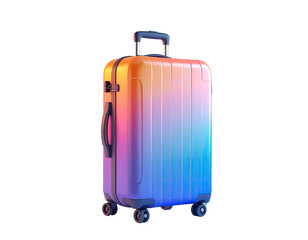 A modern, color-gradient rolling suitcase stands isolated on a stark black background