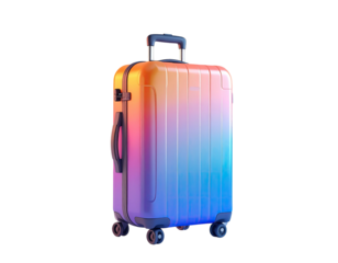 A modern, color-gradient rolling suitcase stands isolated on a stark black background