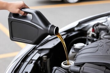 A person is carefully pouring fresh engine oil from a dark container into a car's open engine compartment to perform maintenance.