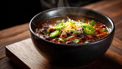 Delicious Chili Bowl with Toppings on Wooden Surface.
