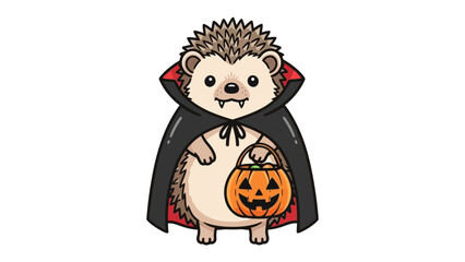 Hedgehog in Halloween Costume: A charming illustration captures a cheerful hedgehog dressed in a vampire costume, cradling a jack-o'-lantern, ready for Halloween fun. 