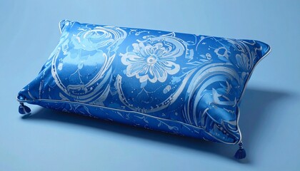 Decorative blue pillows with white floral scrollwork on satin surface—rich texture and symmetrical motifs evoke elegance, heritage, and comfort in minimalist textile ornamentation composition.