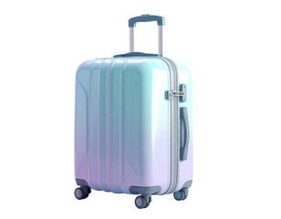 A gradient colored suitcase with wheels and a telescoping handle sits against black