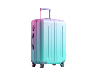 Rendered teal and pink gradient suitcase, handle extended, isolated on black