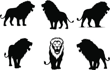 Lion, silhouette, majestic, animal, wildlife, nature, vector, illustration, posture, mane, shadow, profile, powerful, black, mammal, stance, anatomy, predator, side, frontal
