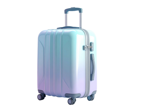 A gradient colored suitcase with wheels and a telescoping handle sits against black