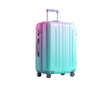 Rendered teal and pink gradient suitcase, handle extended, isolated on black