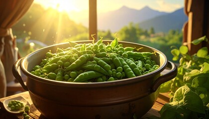 Metal pot of green peas steaming on wooden surface—sunlit scene with scattered pods and warm glow evokes freshness, preparation, and seasonal comfort in minimalist culinary ritual composition.