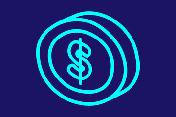 This image shows a minimalist neon-blue line icon of stacked coins with a dollar sign ($) on the front coin. The design is isometric and placed on a dark blue background.