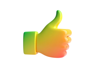 Vibrant, 3D rendered thumbs up icon, gradient yellow, orange, green on black